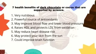 7 health benefits of dark chocolate or cocoa that are supported by science.
