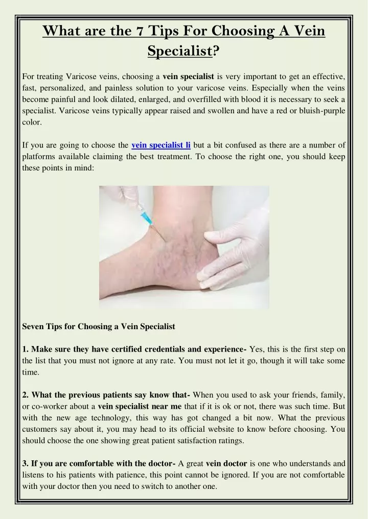 what are the 7 tips for choosing a vein specialist