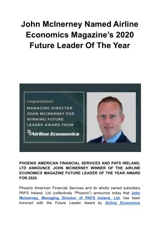 John McInerney Named Airline Economics Magazine’s 2020 Future Leader Of The Year