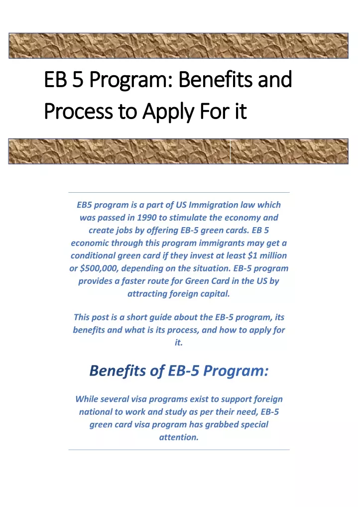 eb 5 program benefits and eb 5 program benefits