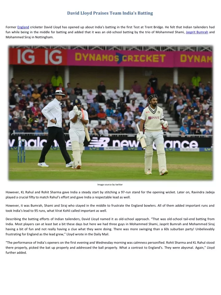 david lloyd praises team india s batting