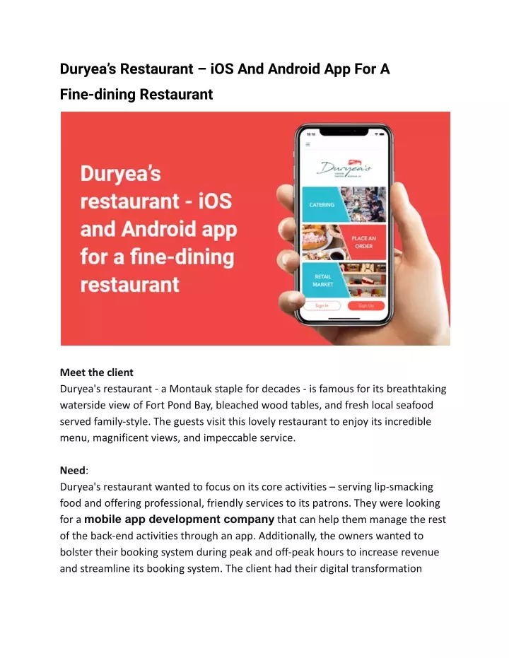 duryea s restaurant ios and android app for a