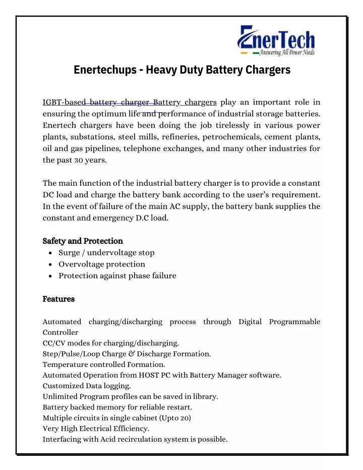 enertechups heavy duty battery chargers