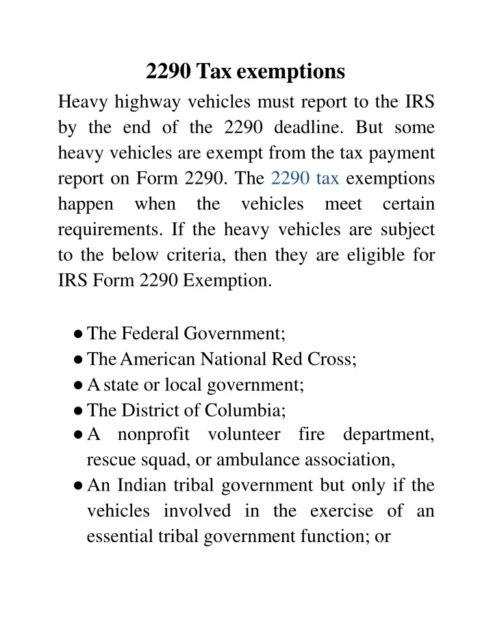 2290 tax exemptions heavy highway vehicles must