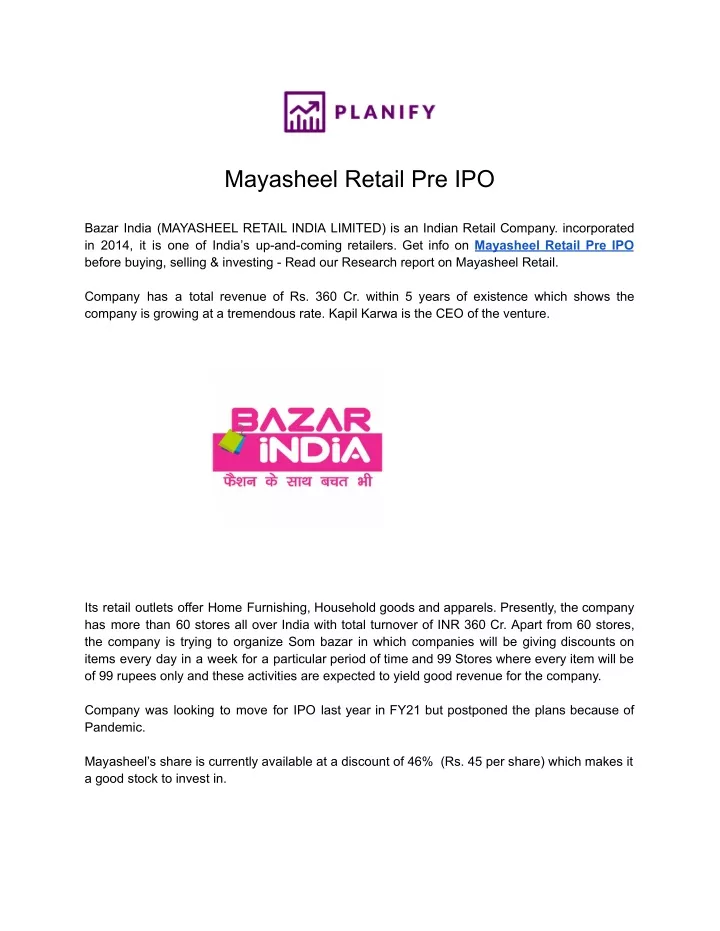 mayasheel retail pre ipo