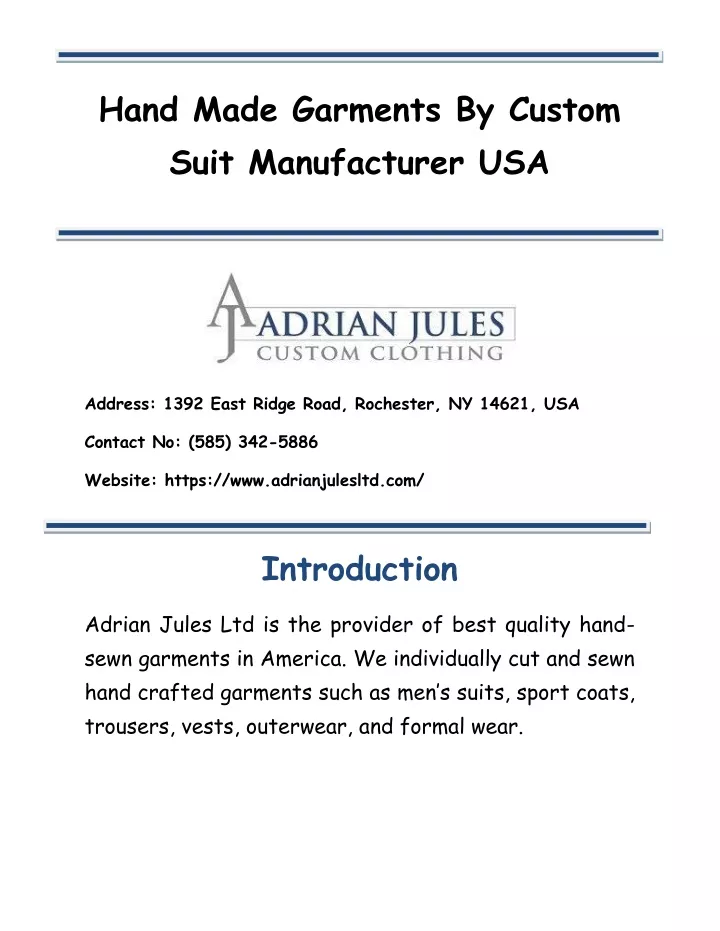 hand made garments by custom suit manufacturer usa