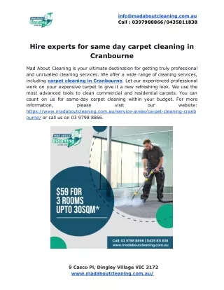 Hire experts for same day carpet cleaning in Cranbourne