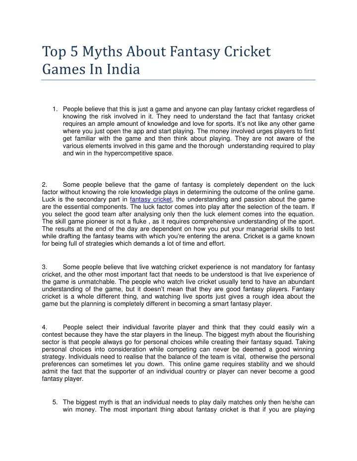 top 5 myths about fantasy cricket games in india