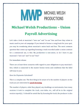 Michael Welsh Productions – Union Payroll Advertising