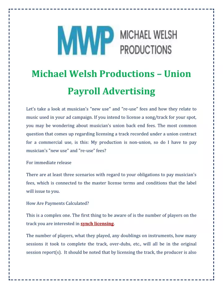 michael welsh productions union