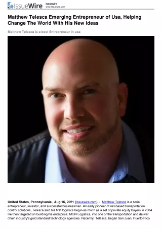 Matthew Telesca Emerging Entrepreneur of Usa, Helping Change The World With His