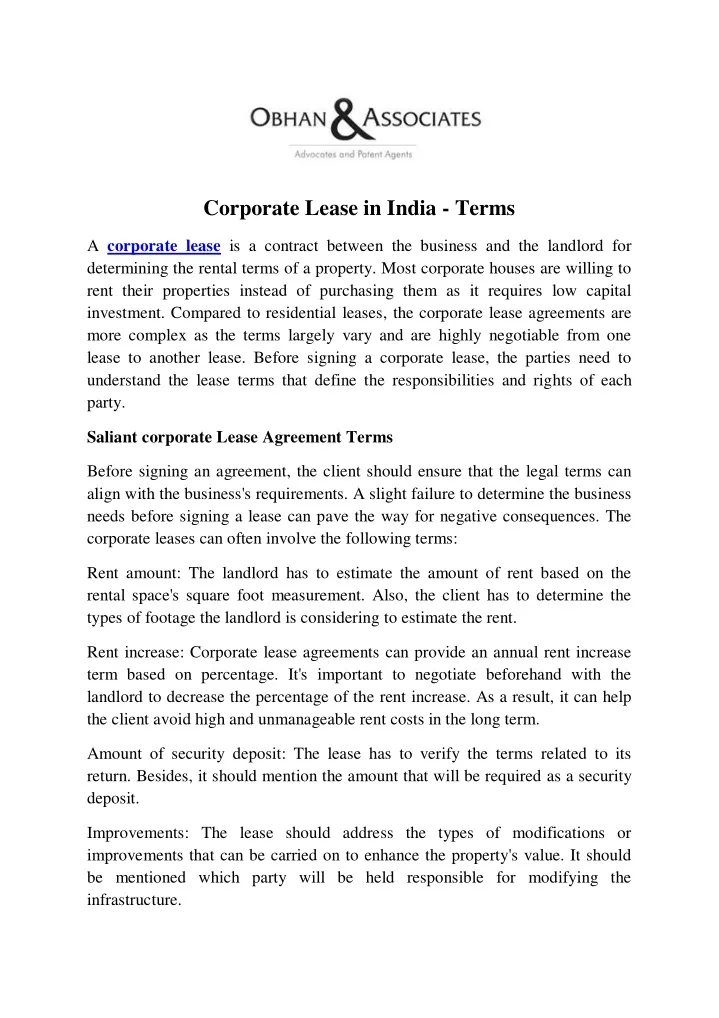 corporate lease in india terms