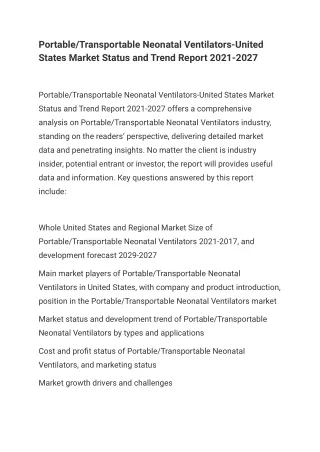 Portable Or Transportable Neonatal Ventilators-United States Market Status and Trend Report 2021-2027