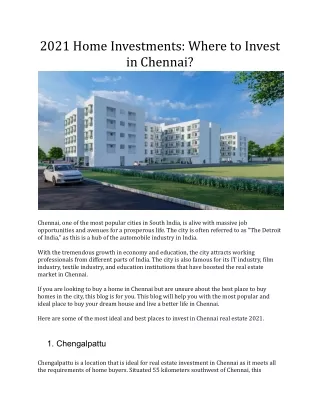2021 Home Investments: Where to Invest in Chennai?