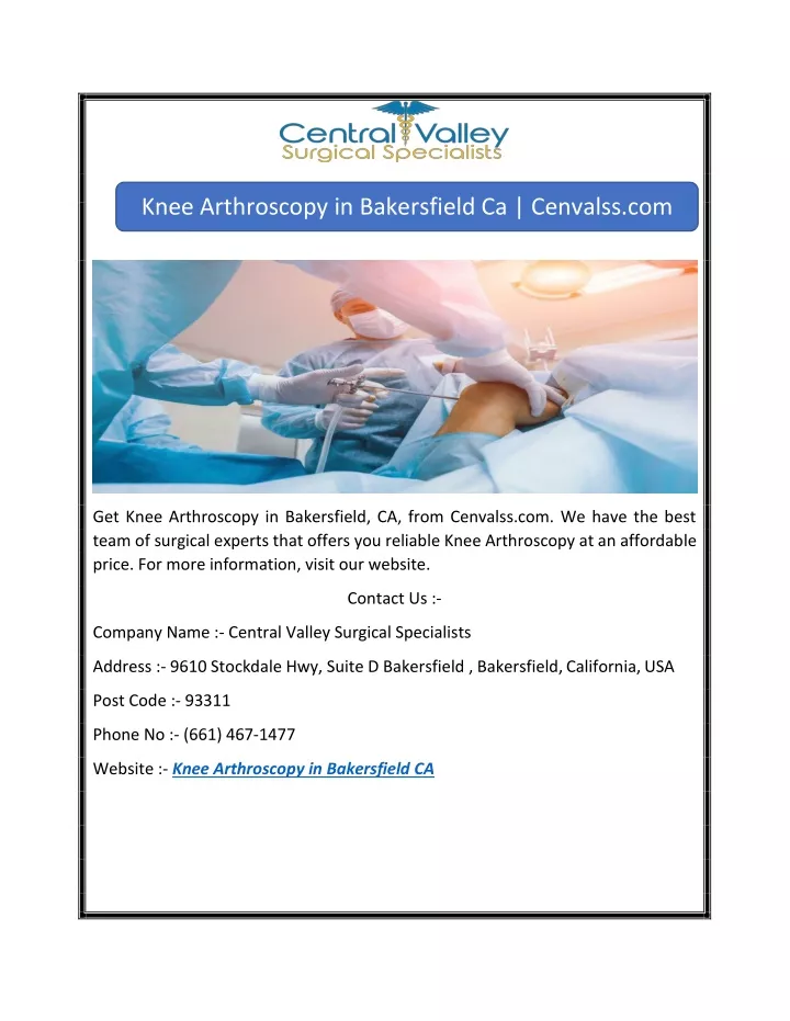 knee arthroscopy in bakersfield ca cenvalss