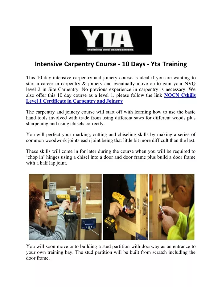 intensive carpentry course 10 days yta training
