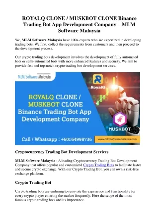 ROYALQ CLONE or MUSKBOT CLONE Binance Trading Bot App Development Company - MLM Software Malaysia