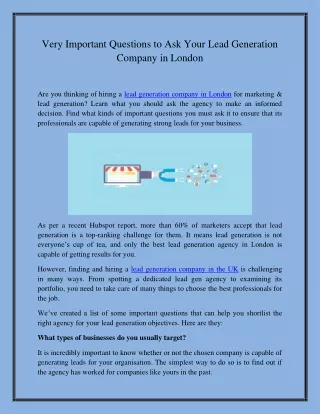 Very Important Questions to Ask Your Lead Generation Company in London