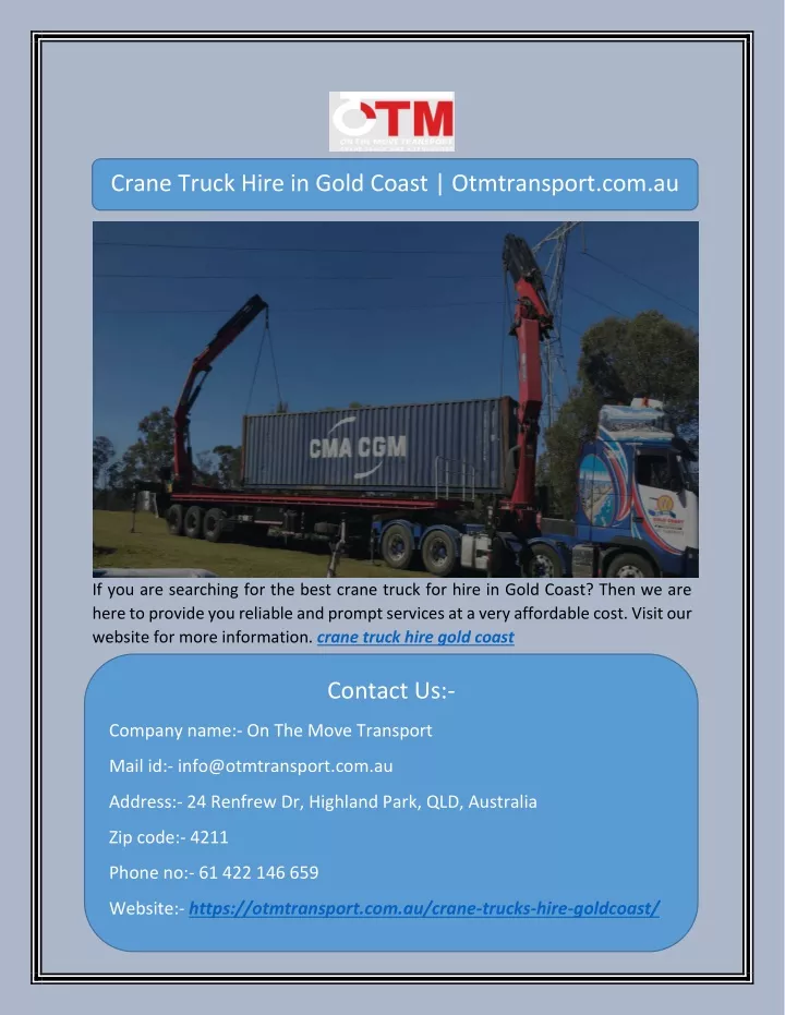 crane truck hire in gold coast otmtransport com au