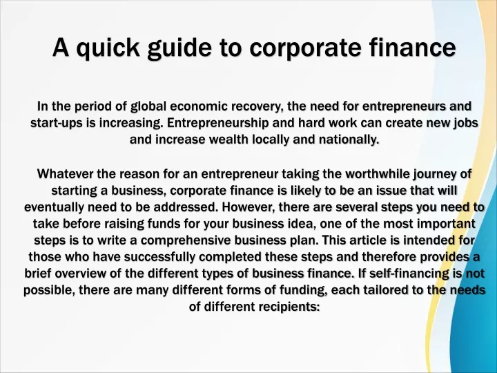 a quick guide to corporate finance in the period