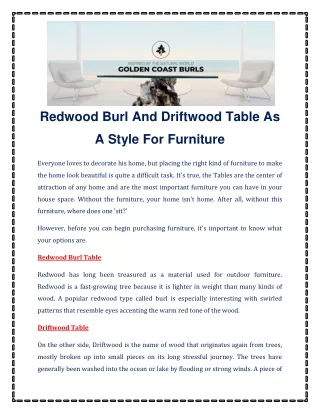 Redwood Burl and Driftwood Table As a Style for Furniture