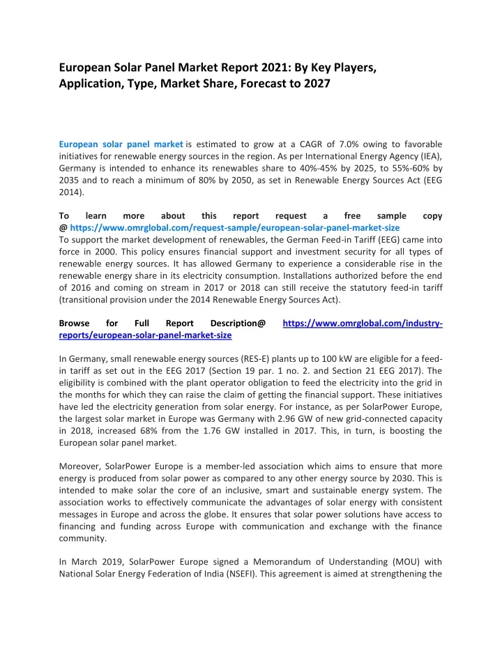 european solar panel market report 2021