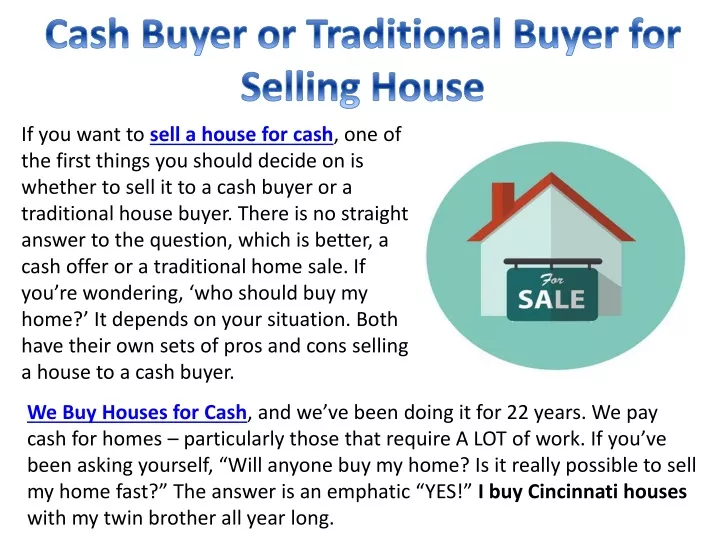 cash buyer or traditional buyer for selling house