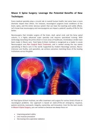 Mazor X Spine Surgery Leverage the Potential Benefits of New Techniques