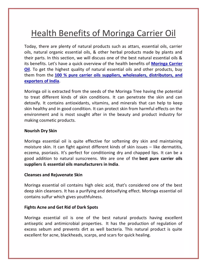 health benefits of moringa carrier oil