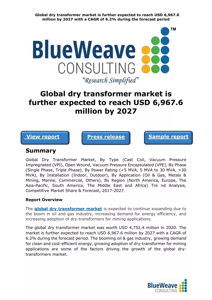 global dry transformer market is further expected