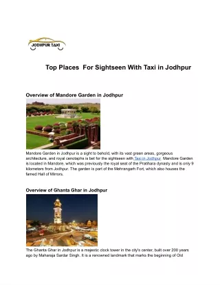 Top Places  For Sightseen With Taxi in Jodhpur