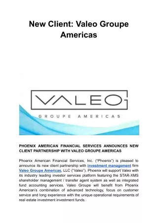 New Client: Valeo Groupe Americas