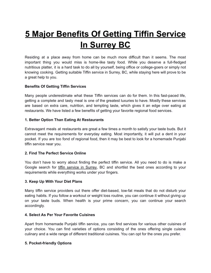 5 major benefits of getting tiffin service