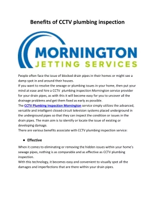 CCTV Plumbing Inspection Mornington