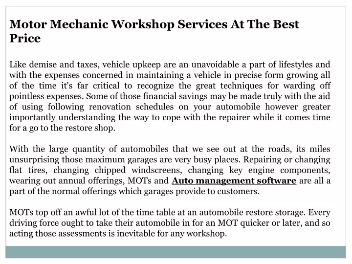 motor mechanic workshop services at the best price