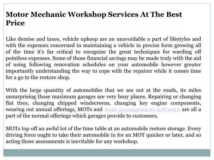 motor mechanic workshop services at the best