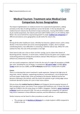 Medical Tourism: Treatment-wise Medical Cost Comparison Across Geographies