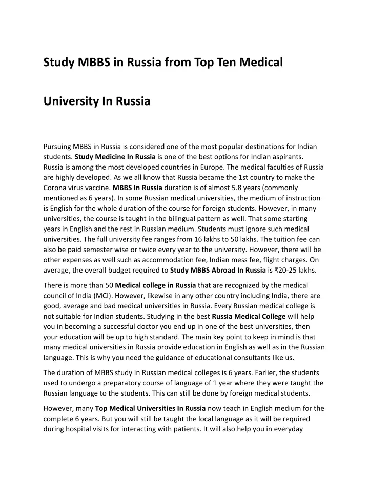 study mbbs in russia from top ten medical