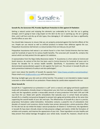 Sunsafe Rx, the Sunscreen Pill, Provides Significant Protection to Skin against UV Radiation