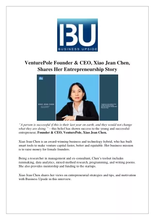 VenturePole Founder & CEO, Xiao Jean Chen, Shares Her Entrepreneurship Story