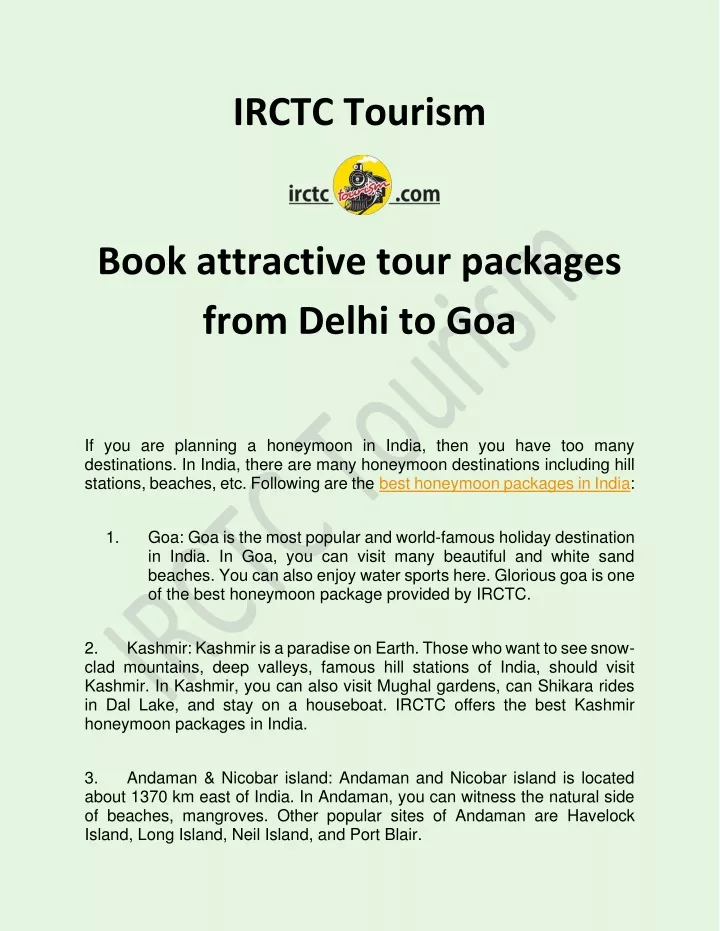 irctc tour packages from delhi to goa
