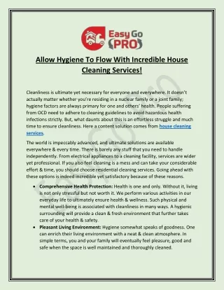 Allow Hygiene To Flow With Incredible House Cleaning Services! | EasyGo Pro