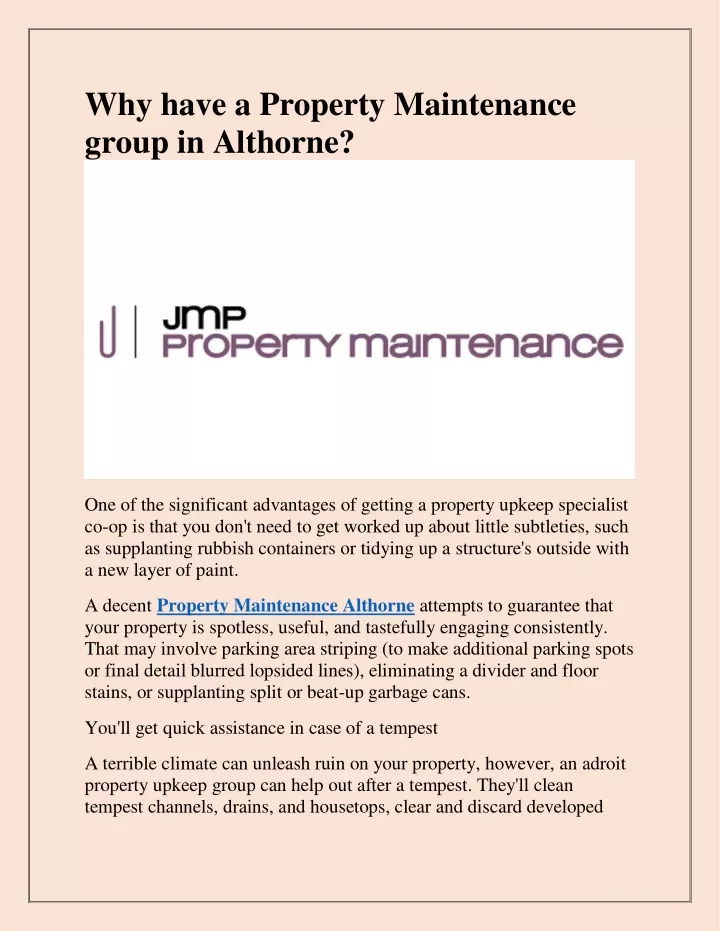 why have a property maintenance group in althorne