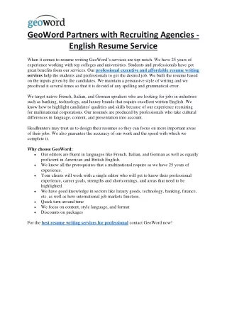 GeoWord Partners with Recruiting Agencies - English Resume Service