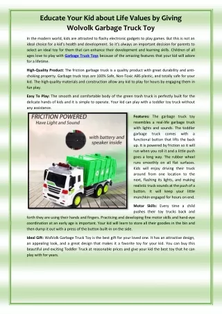 Educate Your Kid about Life Values by Giving Wolvolk Garbage Truck Toy