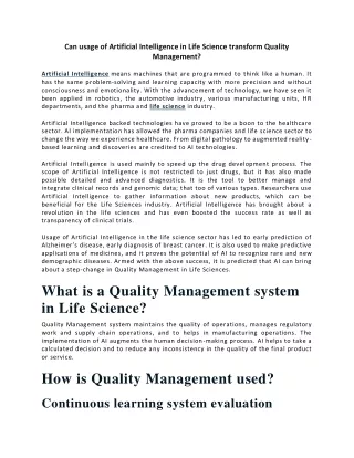 Can usage of Artificial Intelligence in Life Sciences transform Quality Management