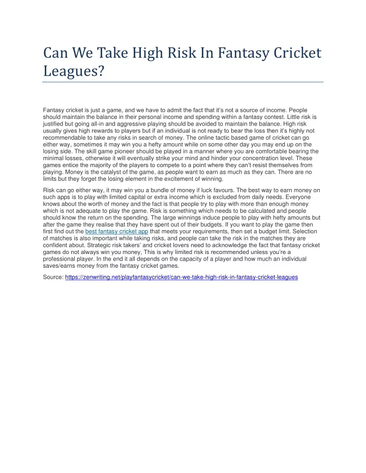 can we take high risk in fantasy cricket leagues