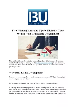 Five Winning Hints and Tips to Kickstart Your Wealth With Real Estate Development
