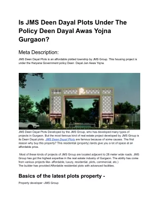 Is JMS Deen Dayal Plots Under The Policy Deen Dayal Awas Yojna Gurgaon