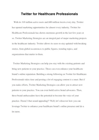 Twitter for Healthcare Professionals